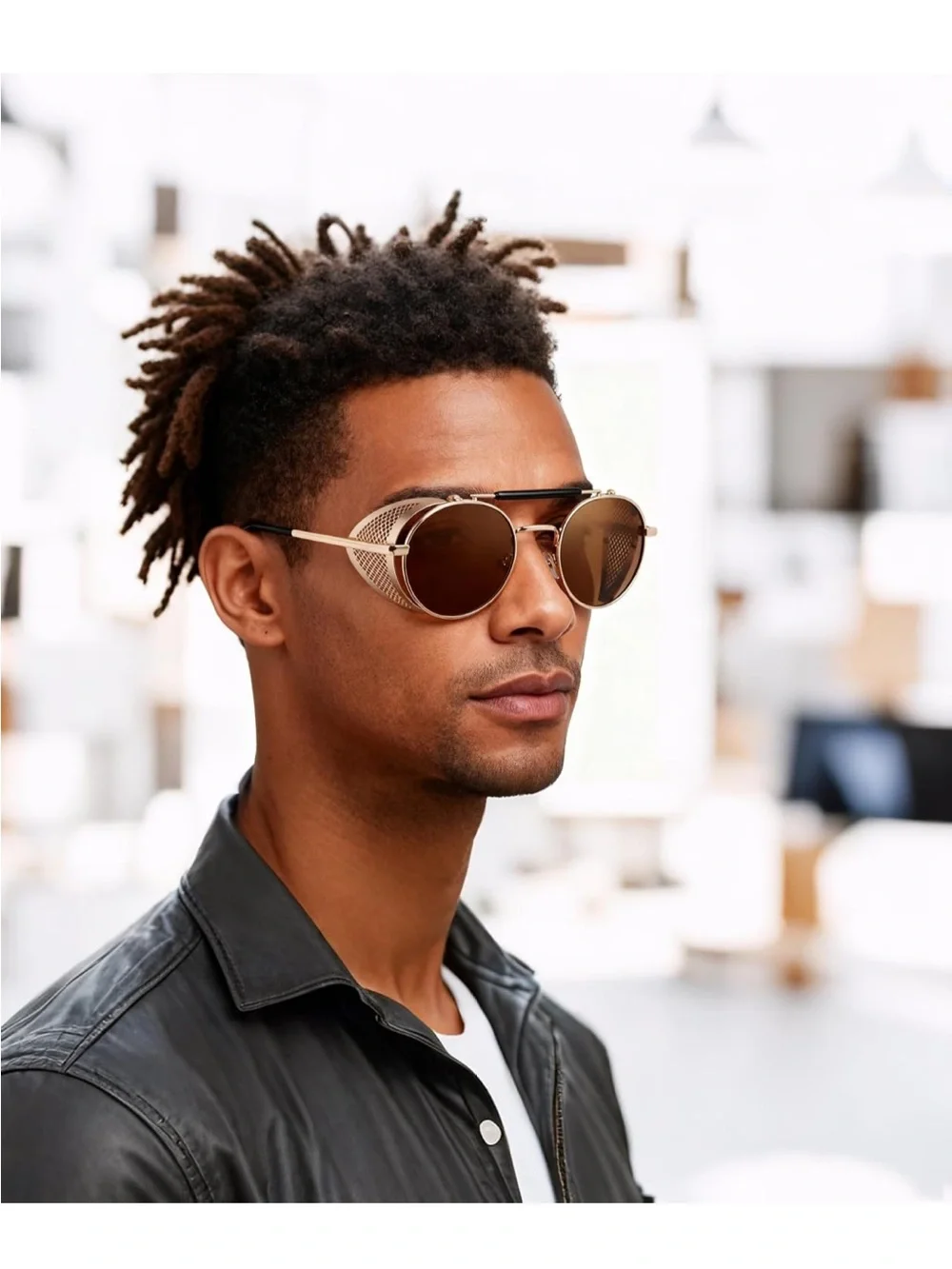 Round Steampunk Side-Shield Sunglasses in Rose Gold and Brown